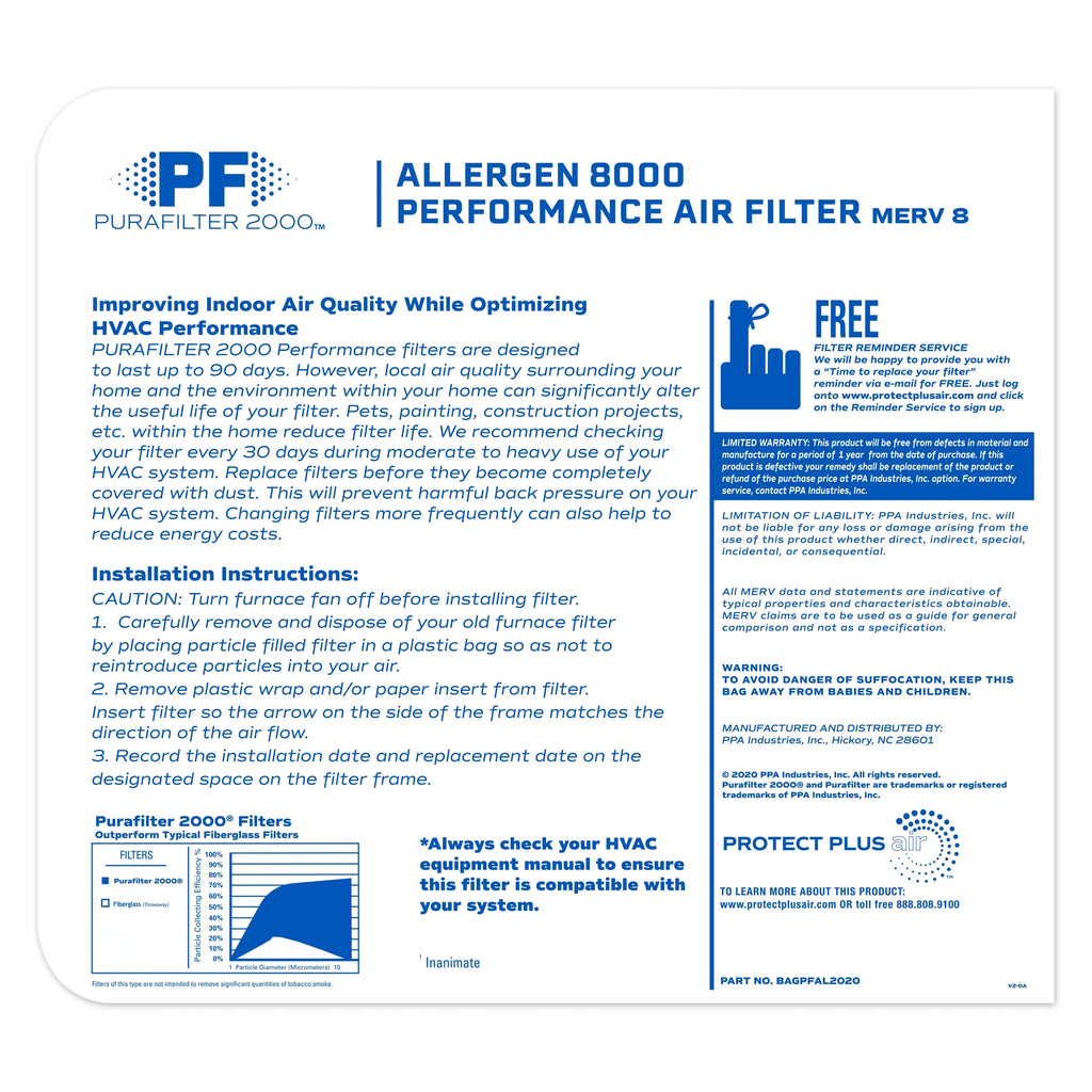 20X25X1 (19.75 X 24.75) Purafilter 2000® Allergen 8000 Merv 8 Air Filter