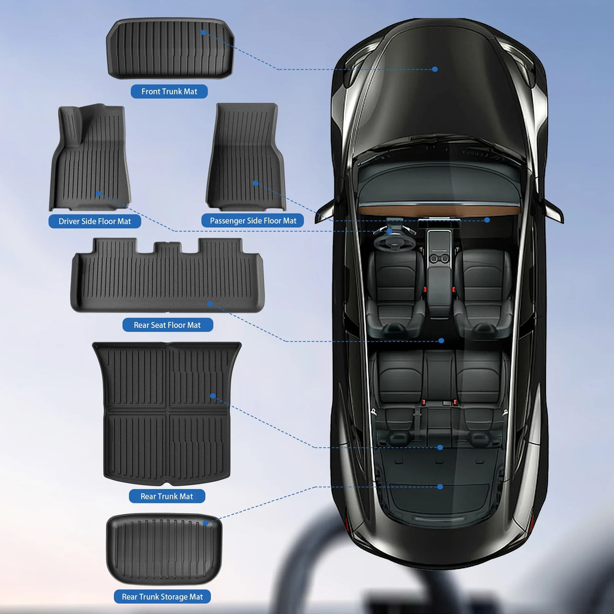 Mats Set 5-Seater, Front Rear 2021-2023 Anti-Slip Floor for All Set Waterproof for 2024, Accessories, of climate Trunk Mats Tesla & Fit 6 Custom Y Tesla WEIZE Mats TPE Liners Cargo Model