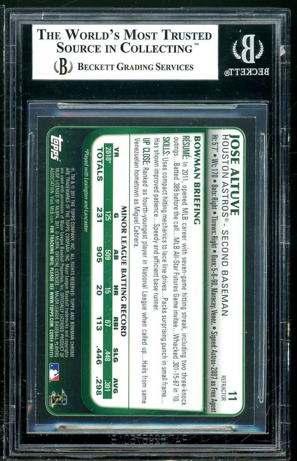 Jose Altuve Rookie Card 2011 Bowman Chrome Draft Purple Refractors #11 Bgs 8.5