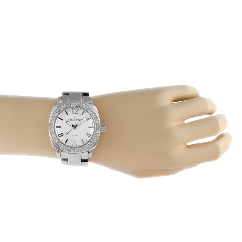 Silver Bracelet Women's Oversized Watch All Metal 7075S Crystal with Peugeot Boyfriend Swarovski Bezel Link