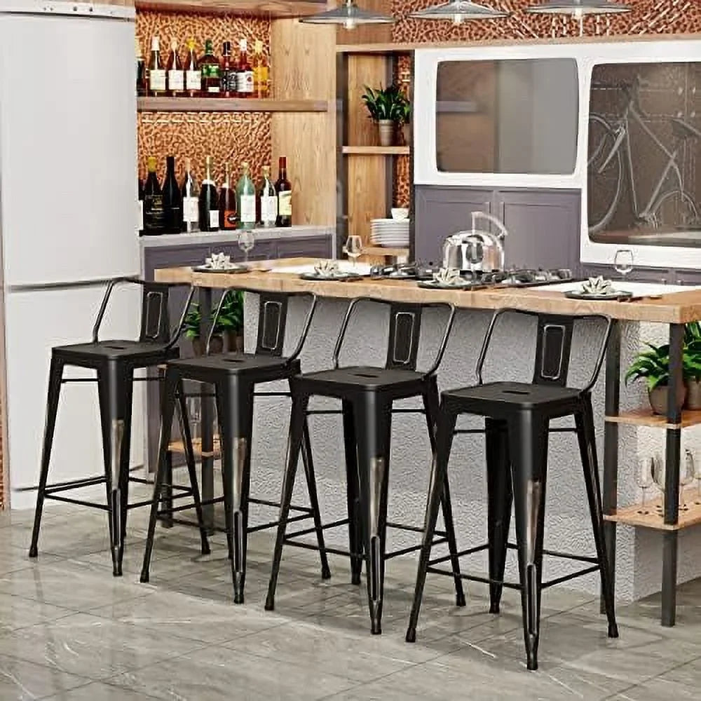 Spboomlife Metal Stools Set Of 4 Barstools Counter Height Stools With Back Industrial Stools Indoor Outdoor Kitchen Dining Chairs Modern Chairs Distressed Navy Navy 24Inch Stools