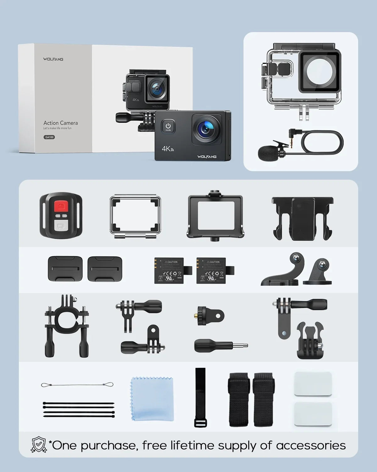 Stabilization 4K Camera Action WiFi Camera 20MP Cam Action Video Waterproof 170� Camera 40M EIS Underwater WOLFANG