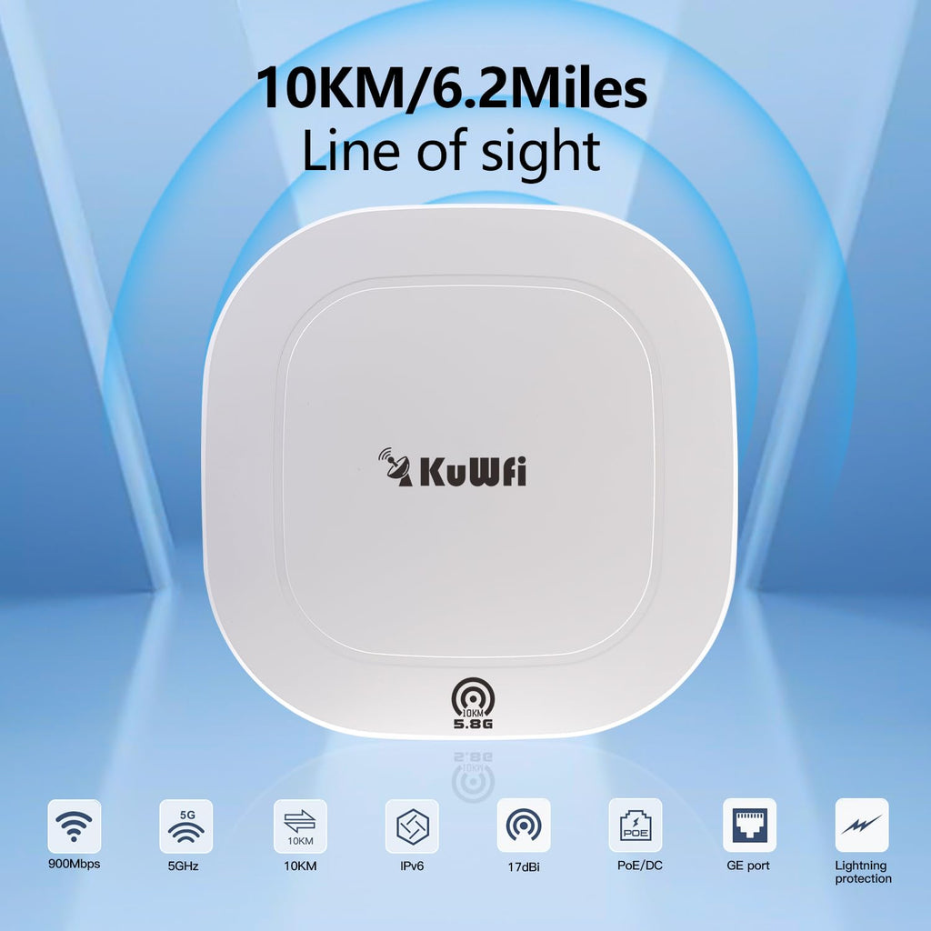 Outdoor Wireless Bridge, KuWFi 5.8G 3KM Transmission WiFi Point to Point Wireless Ethernet Bridge Router, with 3 RJ45 LAN Ports, Pre-Program, 48V PoE, 2-Packs