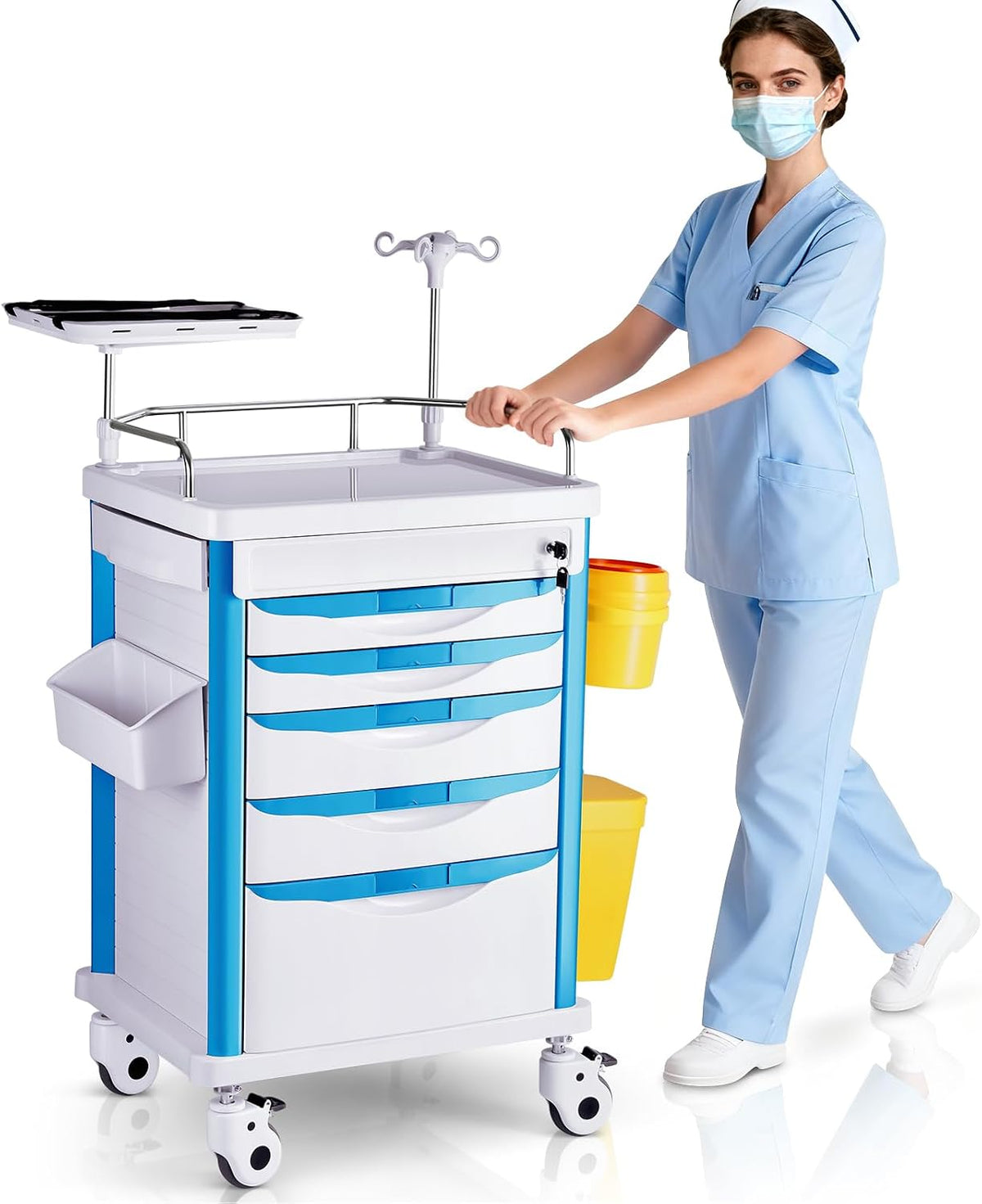 Medical Carts with Wheels, 5-Tier Drawers, Adjustable IV Pole, Silent Casters, Trash Bins, O2 Holder, Needle Disposal Holder & CPR Board, Rolling Crash Carts for Hospital Clinic
