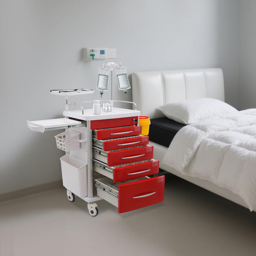 Medical Rolling Crash Cart, Medical Trolley 5 Drawers and Power Strip, Mobile Medical Cart for Clinic, Hospital, Nursing Center, Lockable Storage, Safety Retention Straps, Tag Slots (Blue)