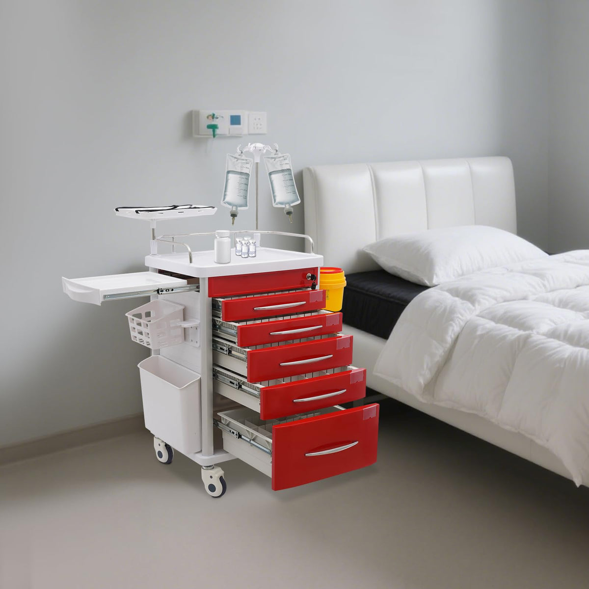 Medical Rolling Crash Cart, Medical Trolley 5 Drawers and Power Strip, Mobile Medical Cart for Clinic, Hospital, Nursing Center, Lockable Storage, Safety Retention Straps, Tag Slots (Blue)