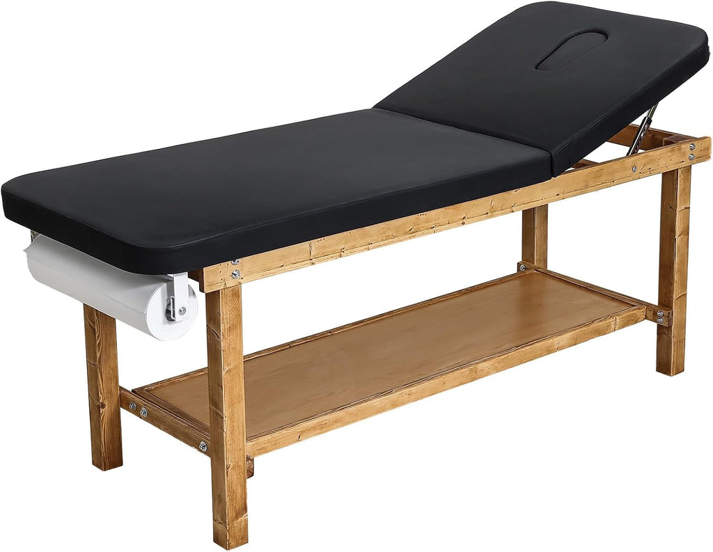 VEVOR Medical Exam Table, Wooden Framed Medical Examination Bed, Physical Therapy Exam Table with Adjustable Backrest, Storage Shelf & Paper Roll Dispenser for Hospitals Clinics Rehab Centers, 500LBS