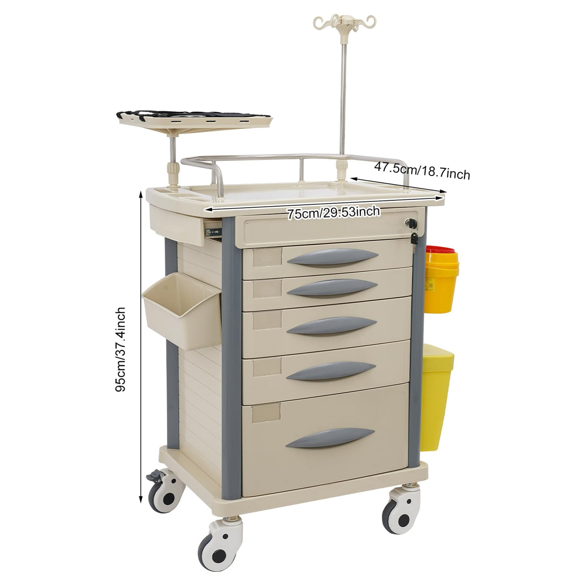 Medical Rolling Crash Cart, Medical Trolley 5 Drawers and Power Strip, Mobile Medical Cart for Clinic, Hospital, Nursing Center, Lockable Storage, Safety Retention Straps, Tag Slots (Blue)