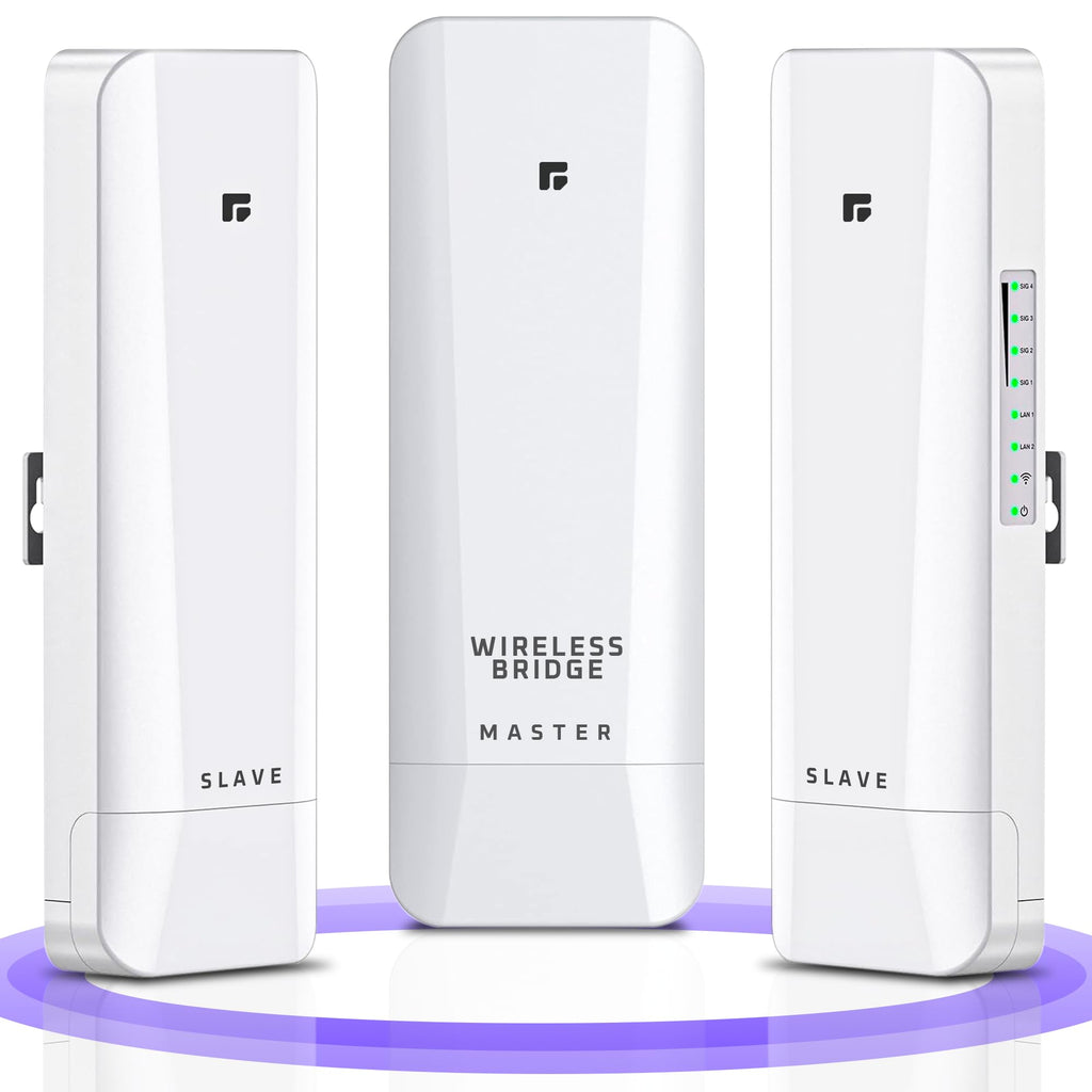 Wireless Bridge, Pre-Configured 2 Pack Long Range WiFi Bridge for Point to Point, 5Ghz High-Speed Network Bridge with Hotspot, for Stores, Barn, Garage, Building, 100/1000Mbps LAN Port. 2 Pack(5KM)