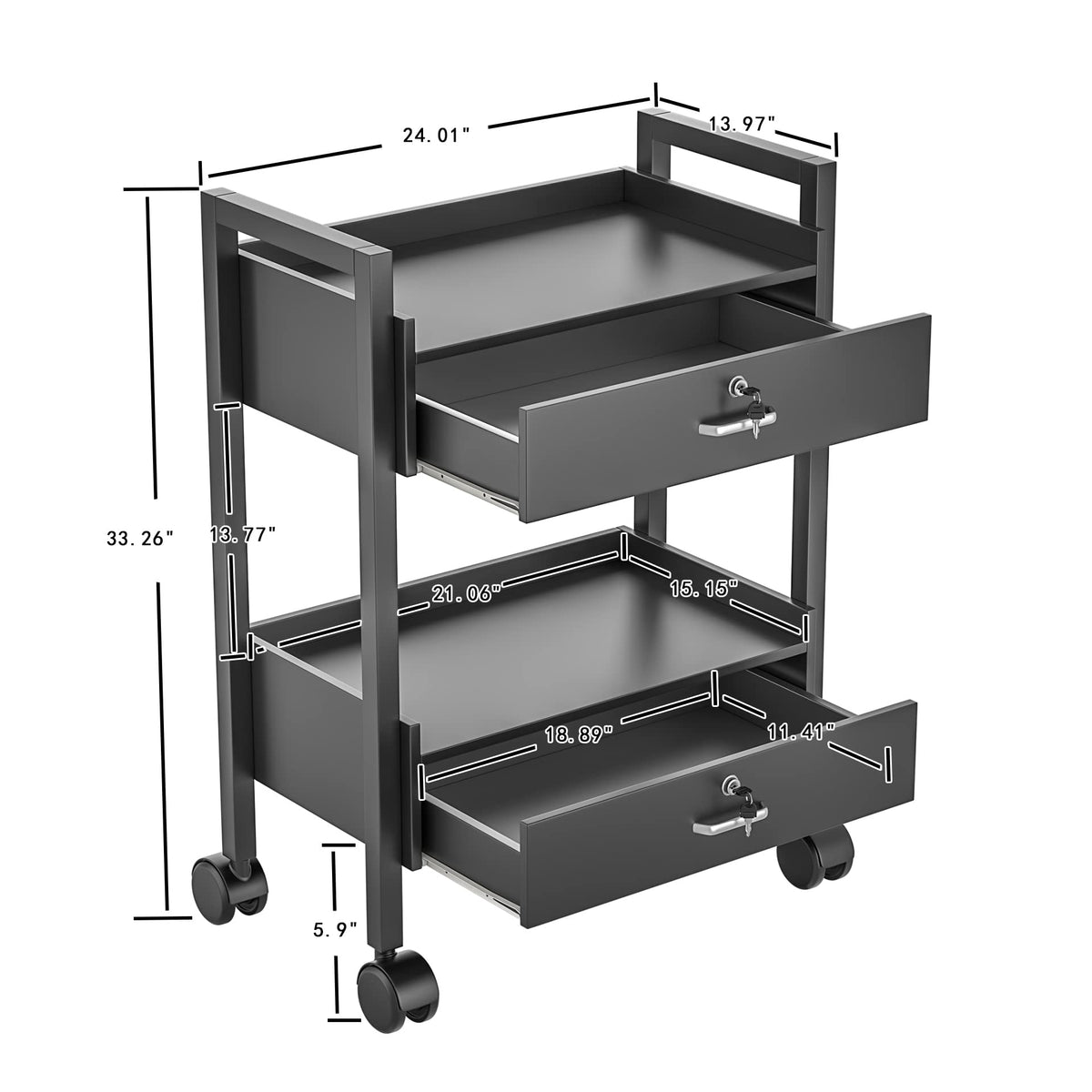 Paddie Salon Trolley Cart, Salon Tray Wooden Mobile Utility Cabinet with 2 Lockable Drawers, Rolling Storage Station Medical Esthetic Supply Holder for Beauty Spa (2 Drawers, White)