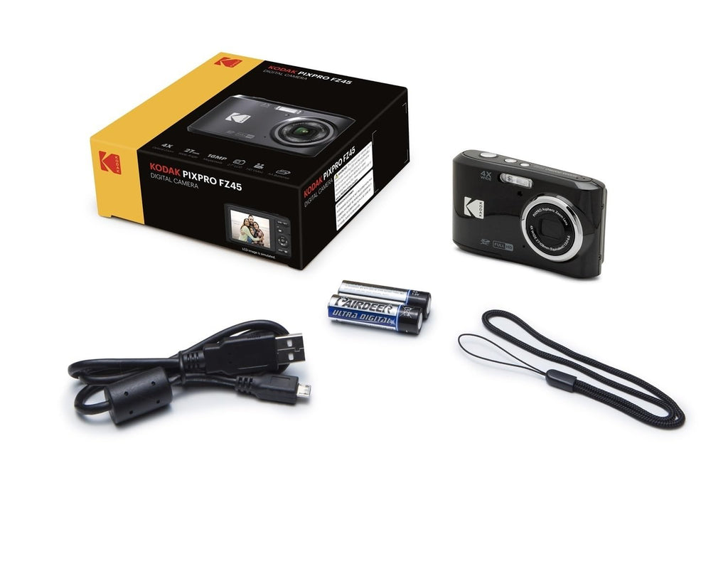 KODAK PIXPRO FZ45 16MP Digital Camera with 4X Optical Zoom 27mm Wide Angle and 2.7" LCD Screen Bundle with 32GB SD Memory Card, AA Batteries (4 Pack), Lens Cleaning Cloth (Red)