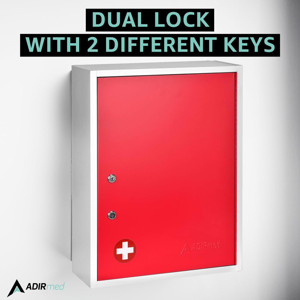 AdirMed Locking Medicine Cabinet Wall Mounted First Aid Cabinet with Lock, Lockable Wall Medicine Cabinet with Dual Lock and Dual Keys, 21" H x 16" W x 6" D, White