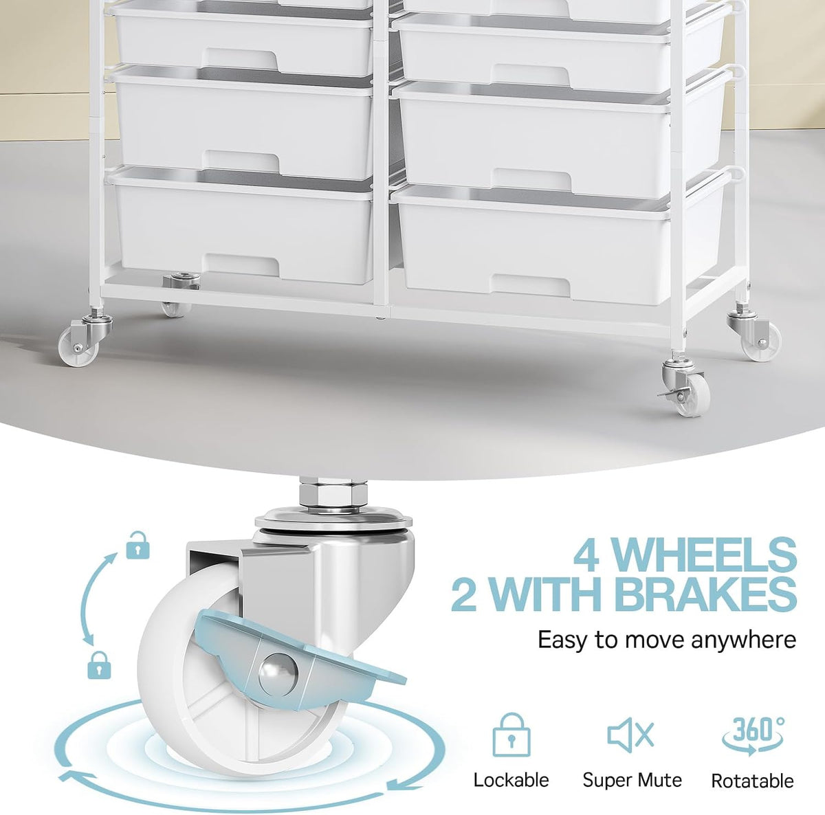 TOOLF 12 Drawers Rolling Storage Cart with Wooden Top for Classroom,White