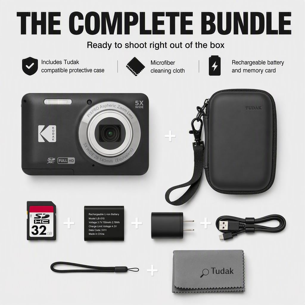 Kodak PIXPRO FZ55 Red 16MP CMOS Sensor Digital Camera 5X Optical Zoom 28mm Wide Angle 1080P Full HD Video 2.7" LCD Vlogging Camera Bundle with Tudak Compatible Case, 32GB SD Card & Microfiber Cloth
