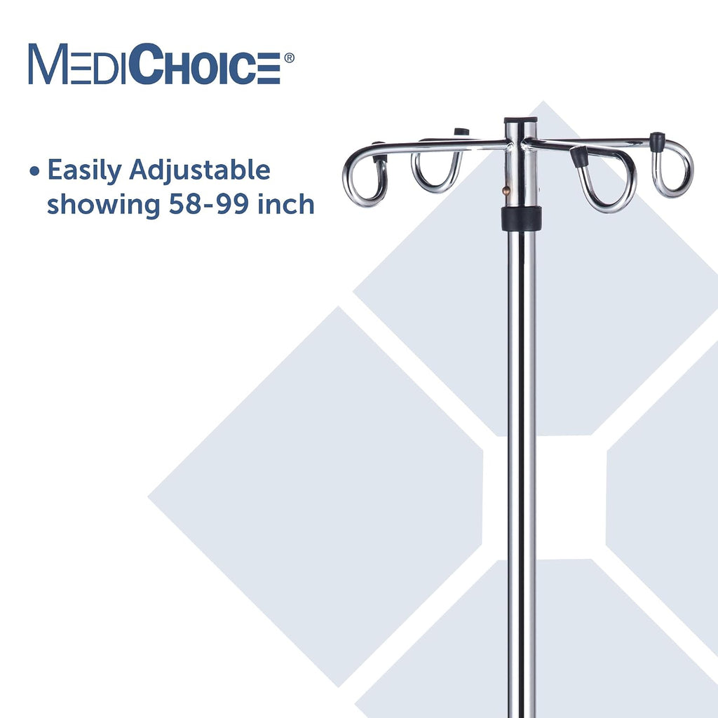 MediChoice Rolling IV Pole Rolling 4 Hook, 6-Leg Base, 45 lb Load, Adjustable 52-90 Inches, Chrome Plated Steel, 360Â° Casters, 1 Each