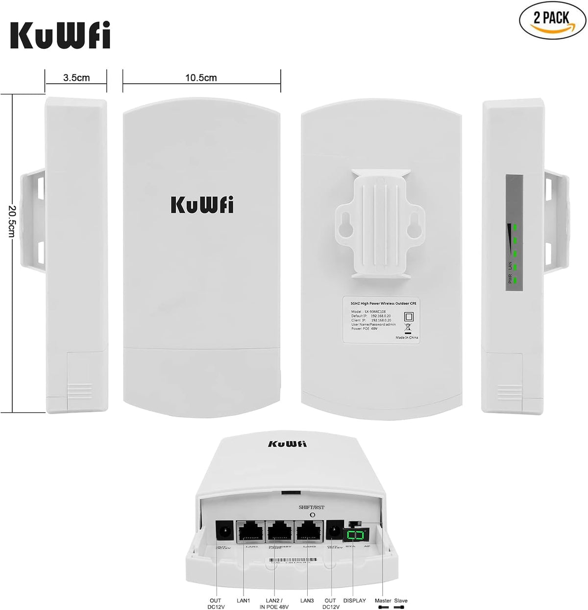 Outdoor Wireless Bridge, KuWFi 5.8G 3KM Transmission WiFi Point to Point Wireless Ethernet Bridge Router, with 3 RJ45 LAN Ports, Pre-Program, 48V PoE, 2-Packs