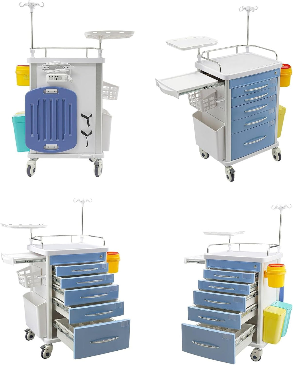 Medical Rolling Crash Cart, Medical Trolley 5 Drawers and Power Strip, Mobile Medical Cart for Clinic, Hospital, Nursing Center, Lockable Storage, Safety Retention Straps, Tag Slots (Blue)