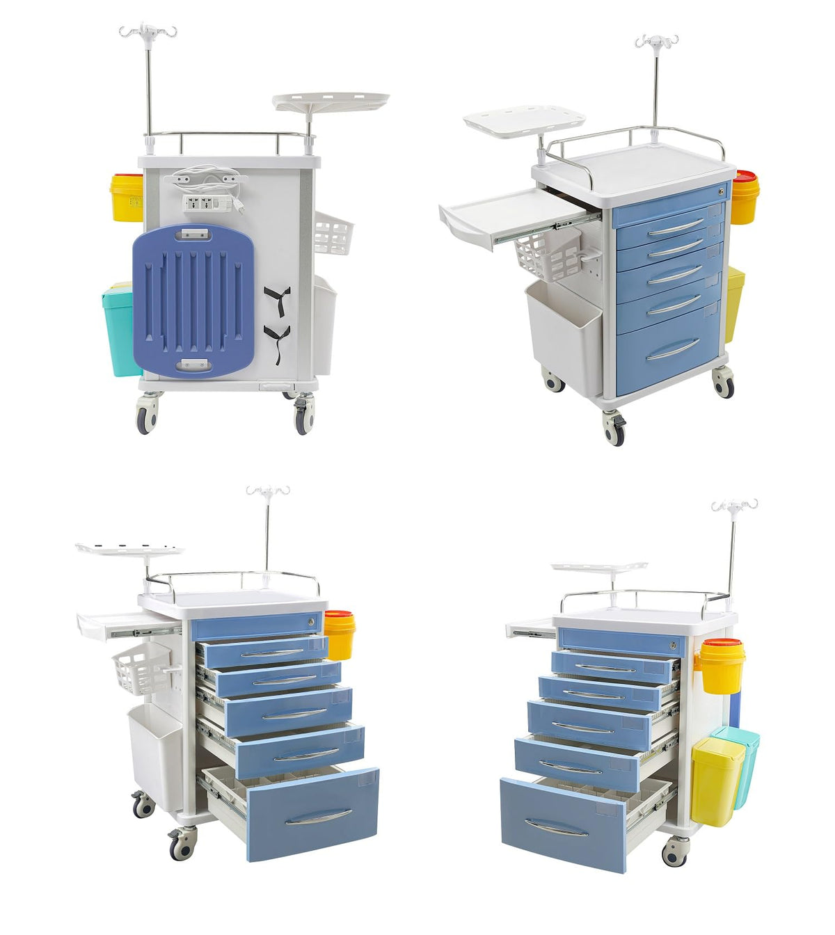 Medical Rolling Crash Cart, Medical Trolley 5 Drawers and Power Strip, Mobile Medical Cart for Clinic, Hospital, Nursing Center, Lockable Storage, Safety Retention Straps, Tag Slots (Blue)