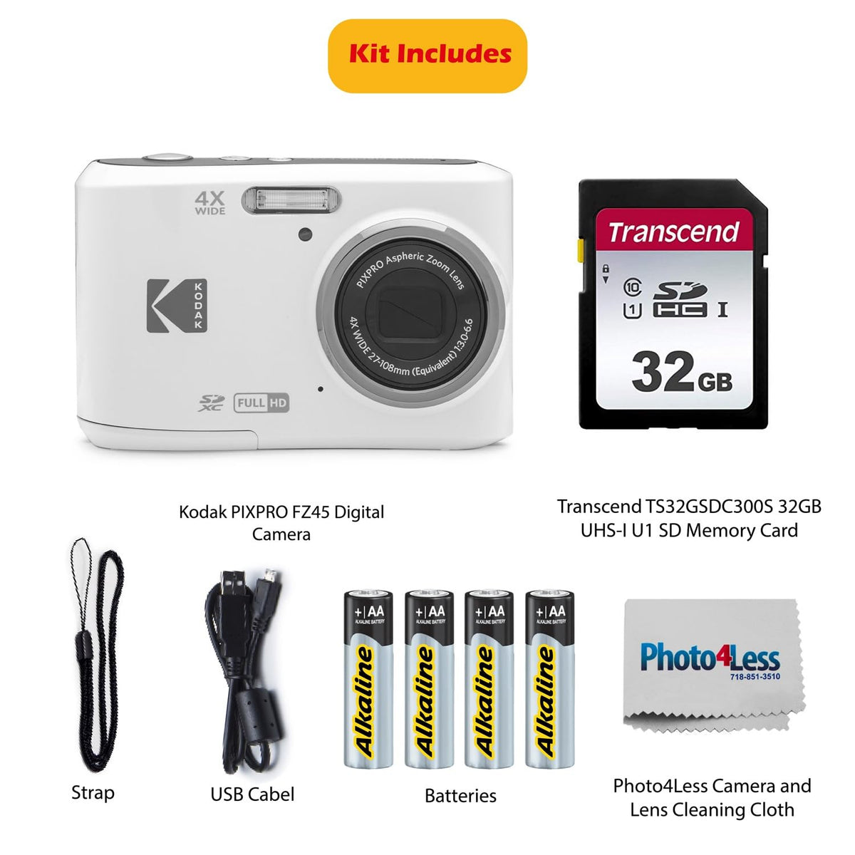 KODAK PIXPRO FZ45 16MP Digital Camera with 4X Optical Zoom 27mm Wide Angle and 2.7" LCD Screen Bundle with 32GB SD Memory Card, AA Batteries (4 Pack), Lens Cleaning Cloth (Red)
