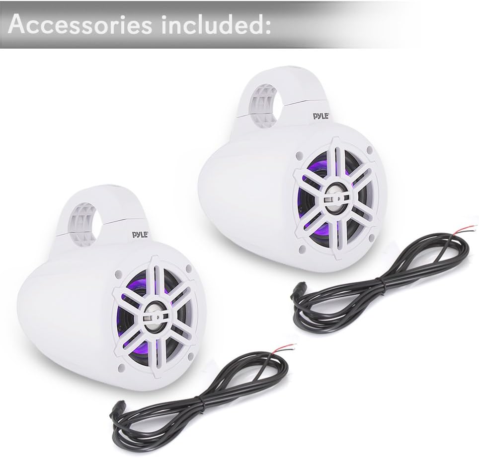 Pyle Waterproof Marine Wakeboard Tower Speakers - 4in Dual Subwoofer Speaker Set w/LED Lights & Bluetooth for Wireless Music Streaming - Boat Audio System w/Mounting Clamps PLMRLEWB47WB (White)