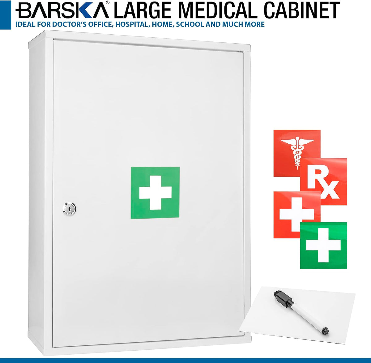 Barska Large Medical Cabinet â Locking Steel Medicine Storage Box with Shelves, Drop-Down Tray, Magnetic Dry Erase Pad, and Wall Mounting Holes - medicine cabinet organizer - Lock Box First Aid