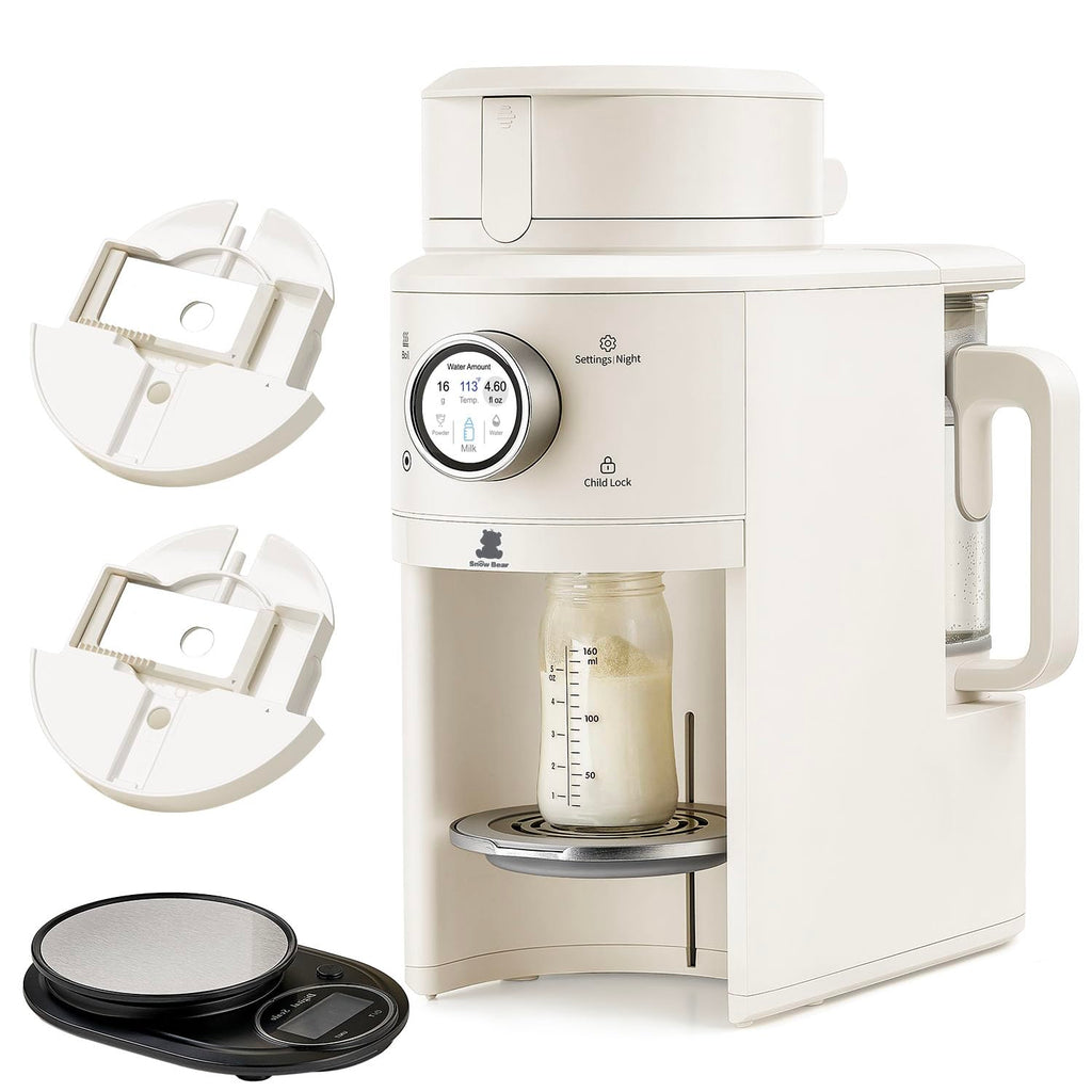 Snow Bear Baby Formula MakerâOne Touch Warm Formula Dispenser, Precise Powder Water Ratio & Memory Setting,Sealed Powder Container,Auto Lifting Platform for No Mess fit Most BottleâShake Milk by Hand