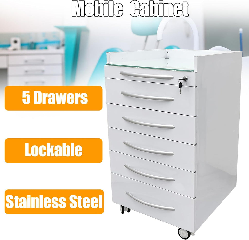 TECHTONGDA Dental Assistant's Mobile Cabinet 5 Drawer Medical Dental Mobile Cart, Stainless Steel Moving Storage Cabinet Utility Cart with Lock and 4 Casters for Office Clinic Hospital