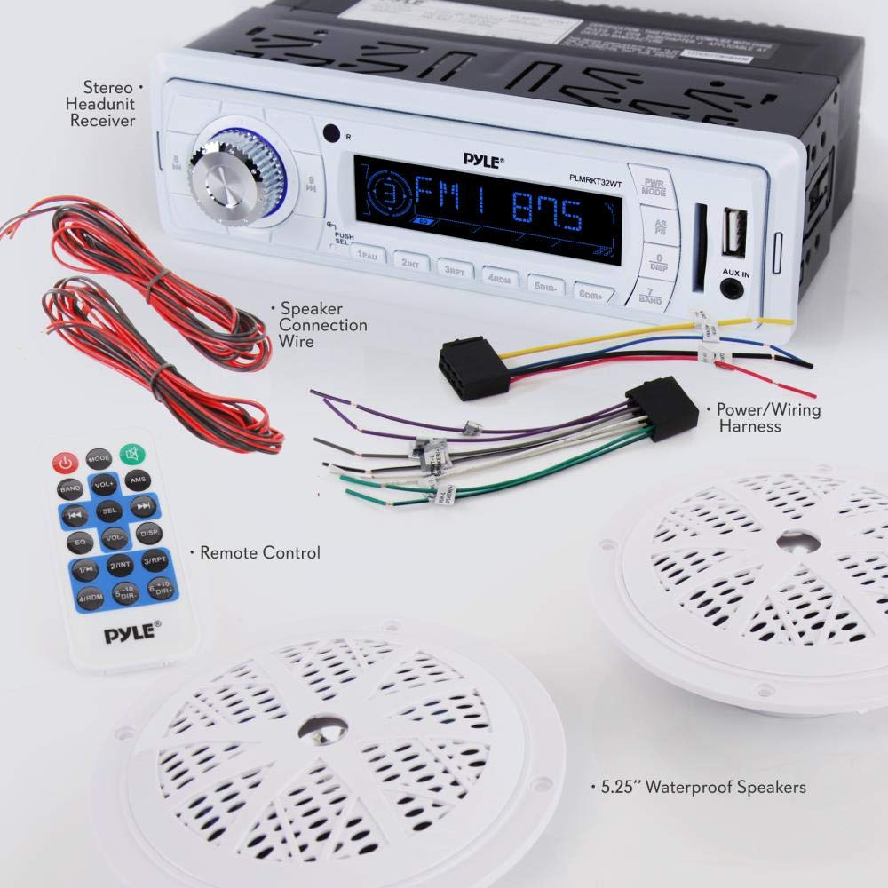 Pyle Marine Bluetooth Receiver Speaker Kit - Waterproof Audio Entertainment System Set w/Dual 6.5" Boat Speakers, Wireless BT Controller, Compact Handheld Broadcasting Microphone (White)