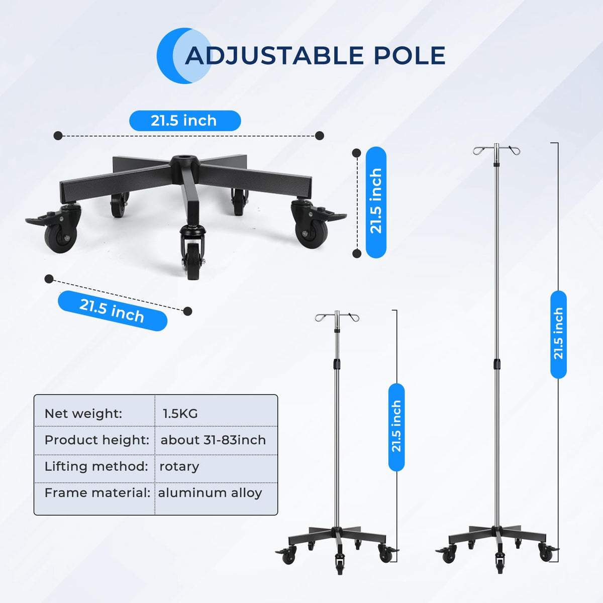 IV Poles with Wheels IV Stands 2 Hooks 5 Legs Rolling Base with Heavy Duty Stainless Steel, Adjustable Height,2PCS/2Pack