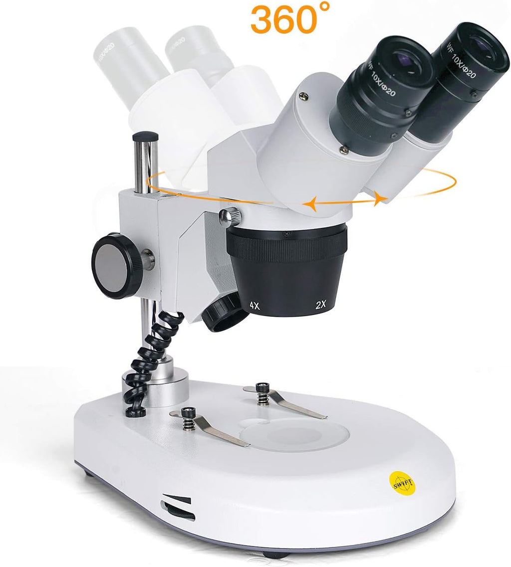 Swift S306S-20-2L Binocular Stereo Microscope, 20X/40X/80X Magnification, 360Â° Rotatable Forward-Mounted Head, Wide-Field 10X/20X Eyepieces, Upper & Lower LED Lights, Reversible Stage Plate