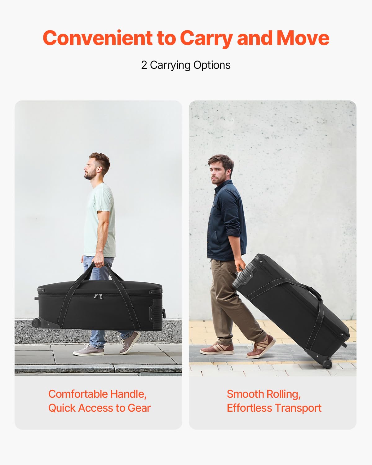VEVOR Studio Equipment Trolley Case, 35.83 x 11.81 x 14 in / 91 x 30 x 35.5 cm, Rolling Camera Bag, Carrying Bag with Wheels Straps Padded Compartment Handle, for Light Stands, Tripods, Telescopes
