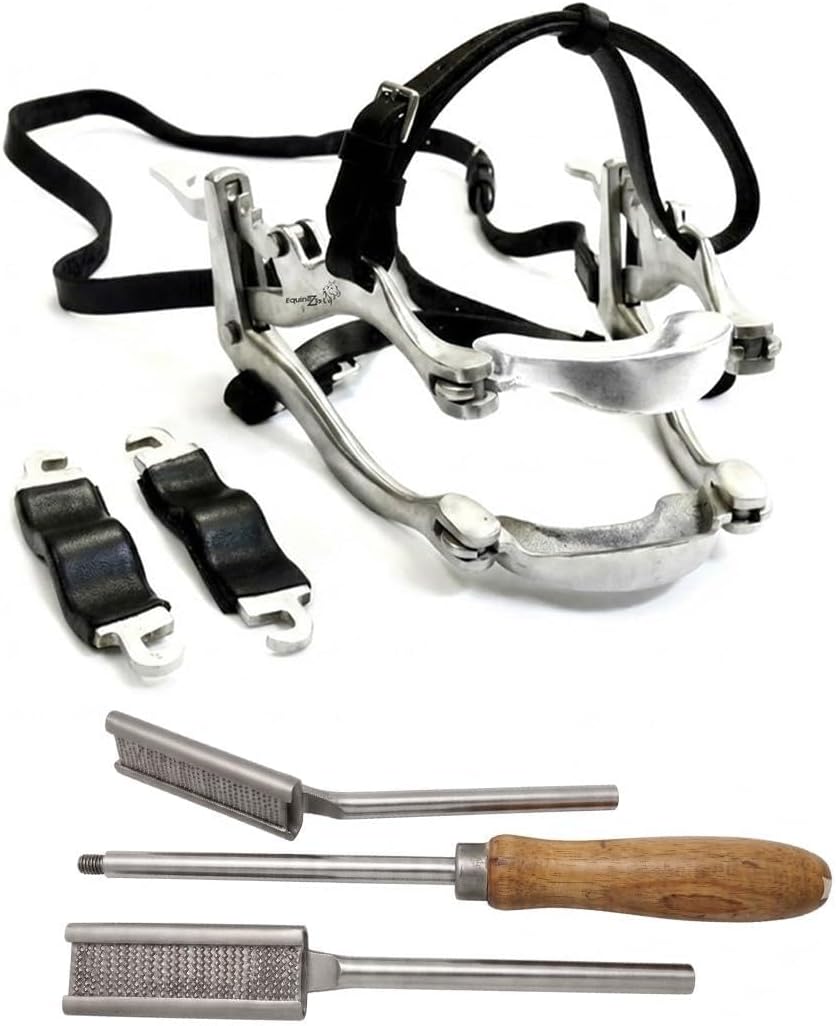 Equine Dental Kit Set â Full Mouth McPherson Speculum with Leather Straps, Horse Mouth Gag & Float Set â Stainless Steel Dental Tools for Horses, Veterinary Use, Equine Dentistry Instruments