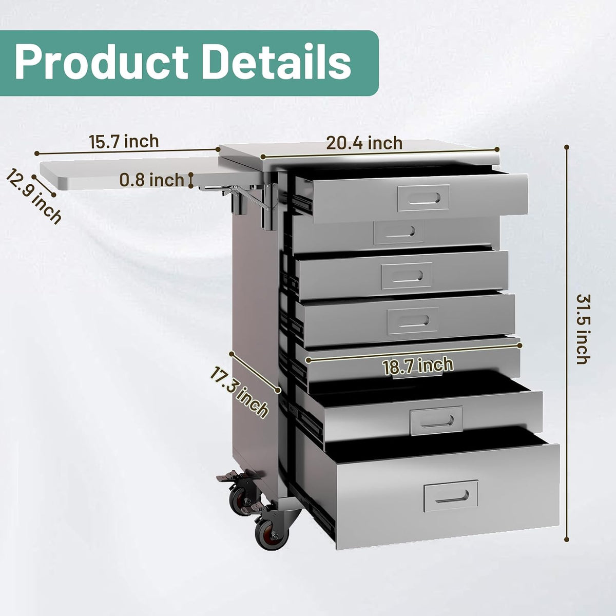 Stainless Steel Medical Dental Cabinet Cart with 7 Drawers, Mobile Storage