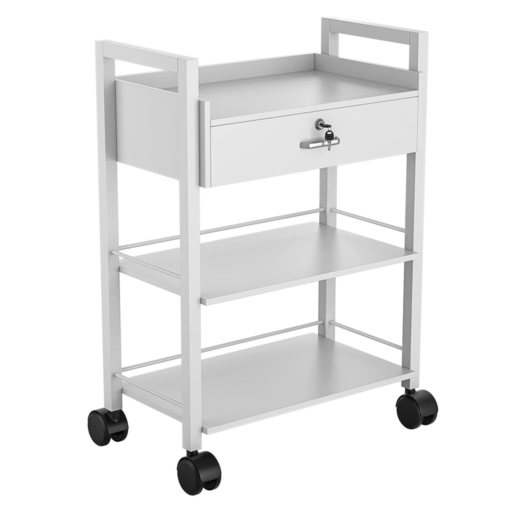 Paddie Salon Trolley Cart, Salon Tray Wooden Mobile Utility Cabinet with 2 Lockable Drawers, Rolling Storage Station Medical Esthetic Supply Holder for Beauty Spa (2 Drawers, White)
