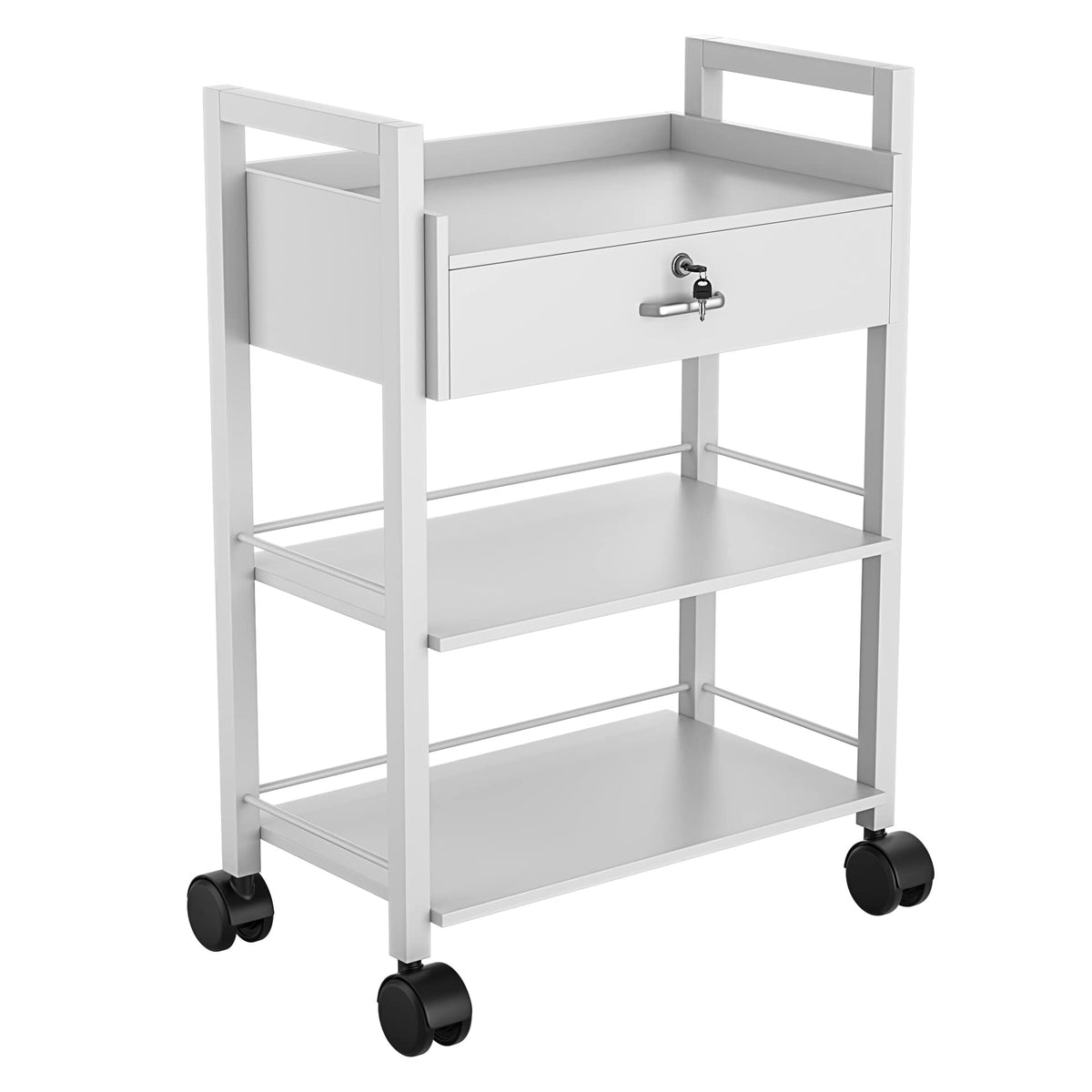 Paddie Salon Trolley Cart, Salon Tray Wooden Mobile Utility Cabinet with 2 Lockable Drawers, Rolling Storage Station Medical Esthetic Supply Holder for Beauty Spa (2 Drawers, White)