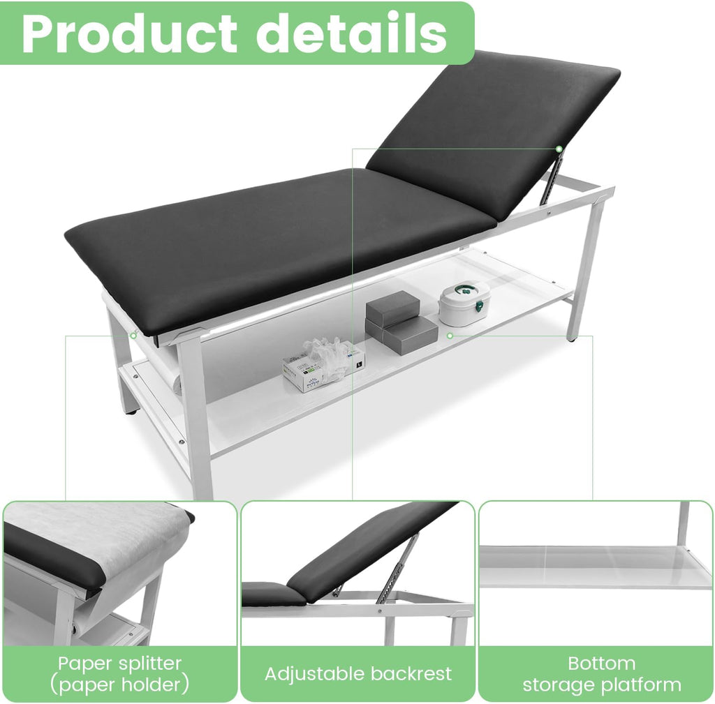 Adjustable Exam Table with Paper Roll Dispenser & Shelf, Physical Therapy Medical Exam Table, Patient Examination Bed, Durable, Low Maintenance and Holds Up to 400 Lbs (Black)