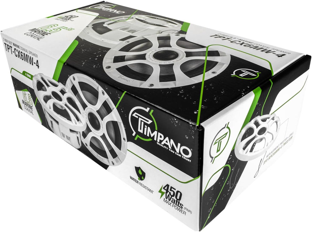 Timpano 6.5 Marine Speakers 450 Watt Per Pair TPT-CX6MW-4 Coaxial 2 Way Waterproof Speakers, 1 Pair, White, Weather Resistant Marine Speakers 6.5 Inch for Boat, ATV or RV Speakers, Bocinas Marinas
