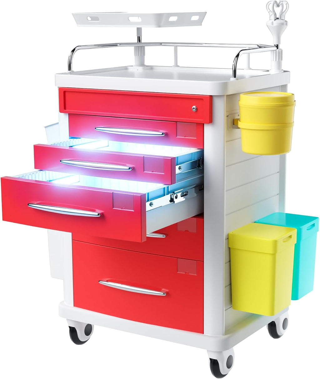 FDA Approved 5-Tier Medical Crash Cart with Auto-Sensing LED Lights