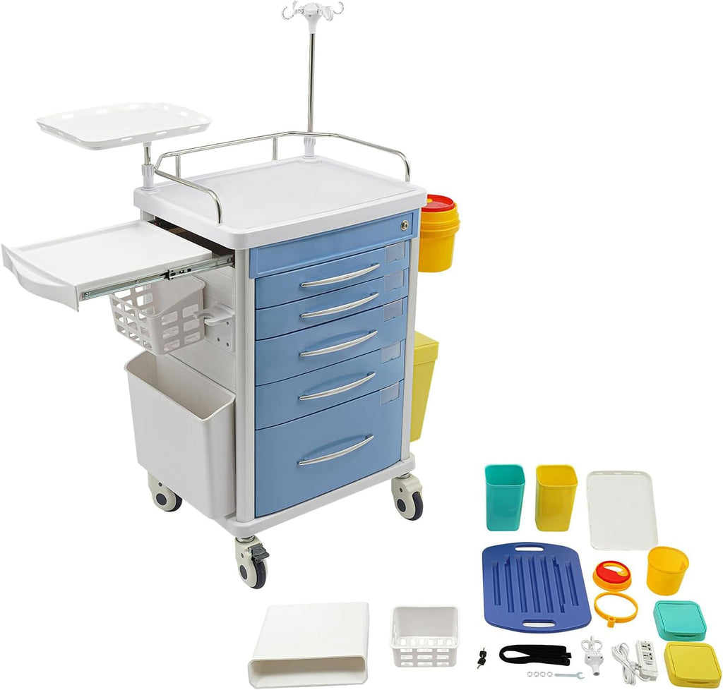 Medical Rolling Storage Crash Cart with Wheels & 5 Drawers, Hospital Mobile Ultrasound Med Cart with Power Strip, Needle Disposal,O2 Holder,Nursing Emergency Cart for Hospital, Clinic (Blue)