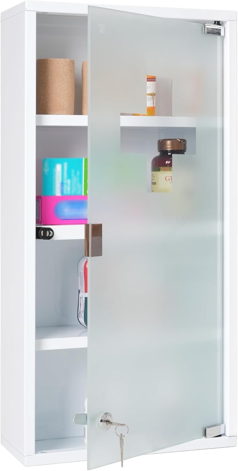 Metal Medicine Cabinet with Lock, Frosted Tempered Glass Door
