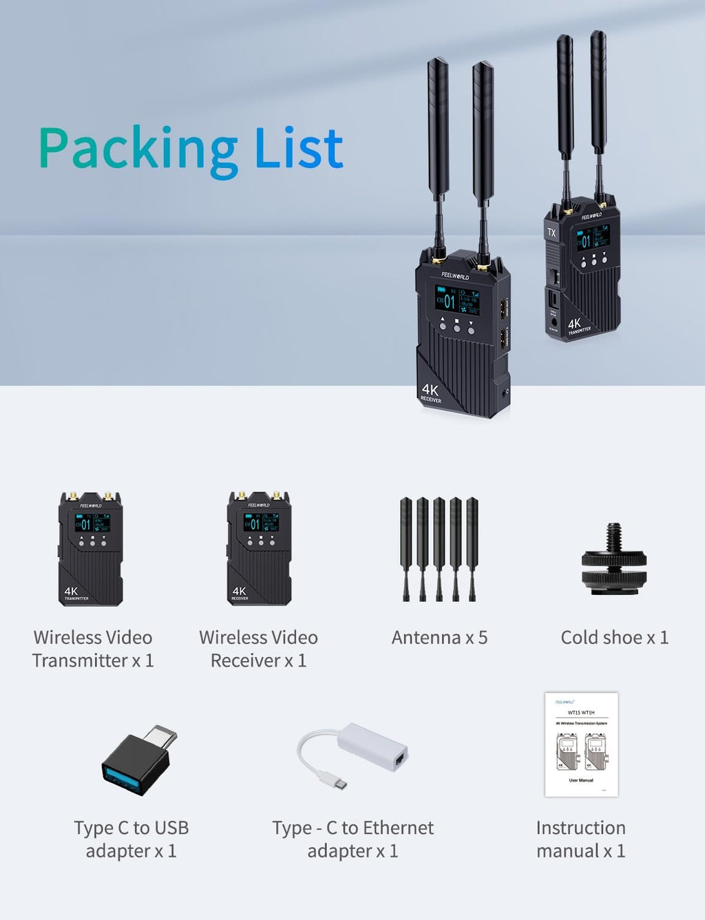 FEELWORLD WT1H 4K 1000ft Dual HDMI Wireless Video Transmission System