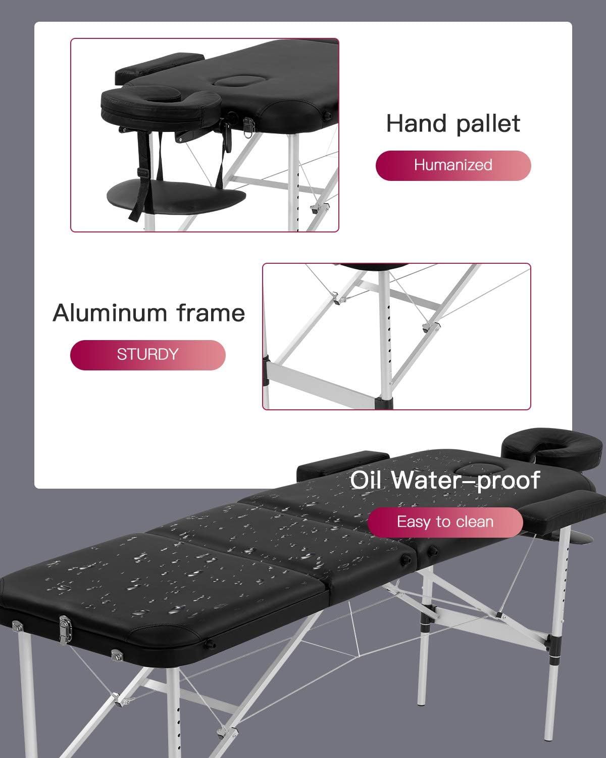 BestMassage Aluminium Massage Bed Portable Massage Table 28 inch Wide Lash Bed Height Adjustable 3 Folding Spa Table with Non-Woven Bag for Spa Footmassage Facial CareSpa Tattoo