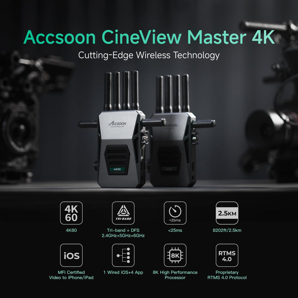 Accsoon CineView Master 4K Wireless Video Transmitter&Receiver with SDI HDMI, Tri-Band 8202ft 25ms LAT, 4K60/1080p60 1 Wired iOS+4 App Monitoring, Livestreaming Pair CineView 4K Lite/SE 4K/M7(H) Pro