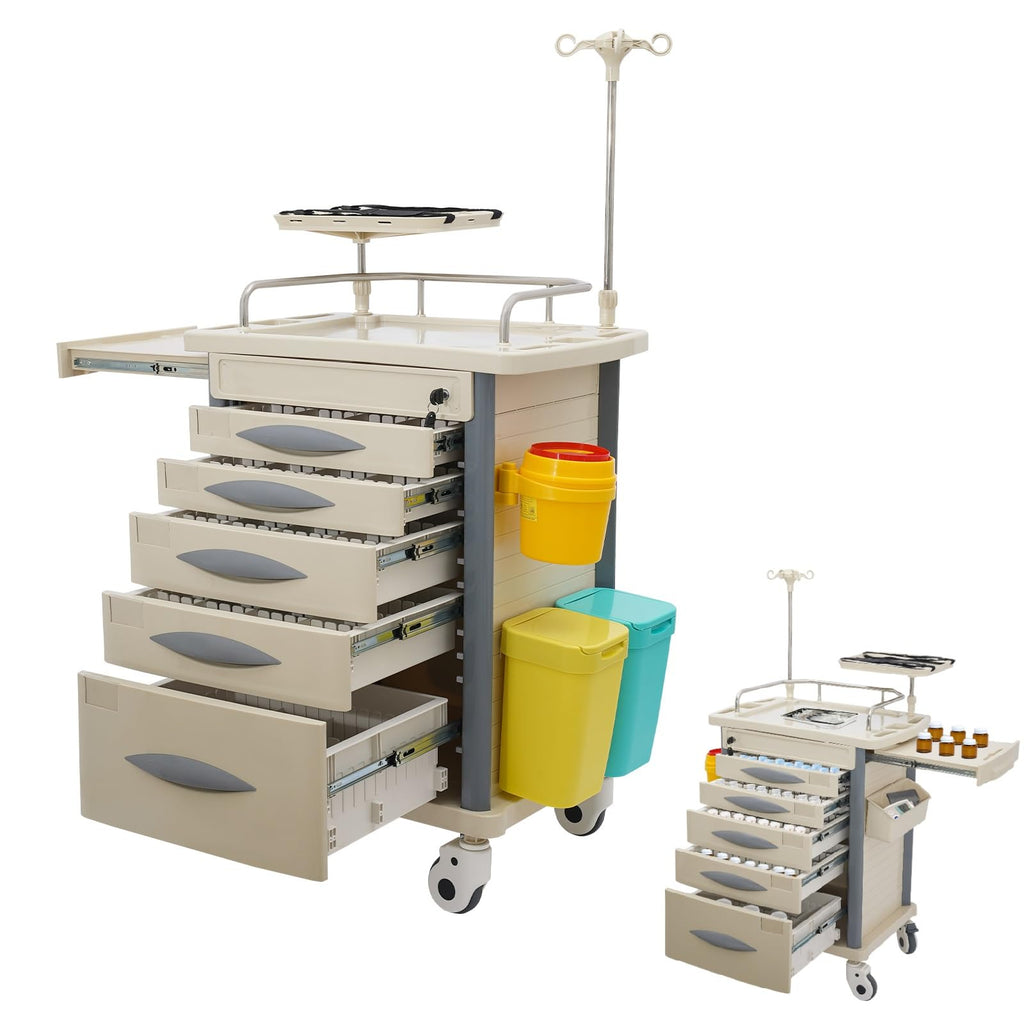 Medical Rolling Crash Cart, Medical Trolley 5 Drawers and Power Strip, Mobile Medical Cart for Clinic, Hospital, Nursing Center, Lockable Storage, Safety Retention Straps, Tag Slots (Blue)
