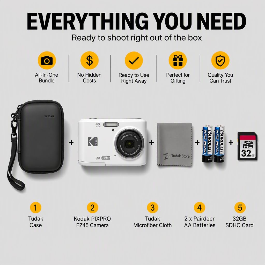 Kodak PIXPRO FZ45 Digital Camera Red, 16MP Point & Shoot with 4X Optical Zoom, 27mm Wide Angle, 2.7 Inch LCD, 1080p Video Bundle with Tudak Compatible Camera Case 32GB SD Card, & Microfiber Cloth