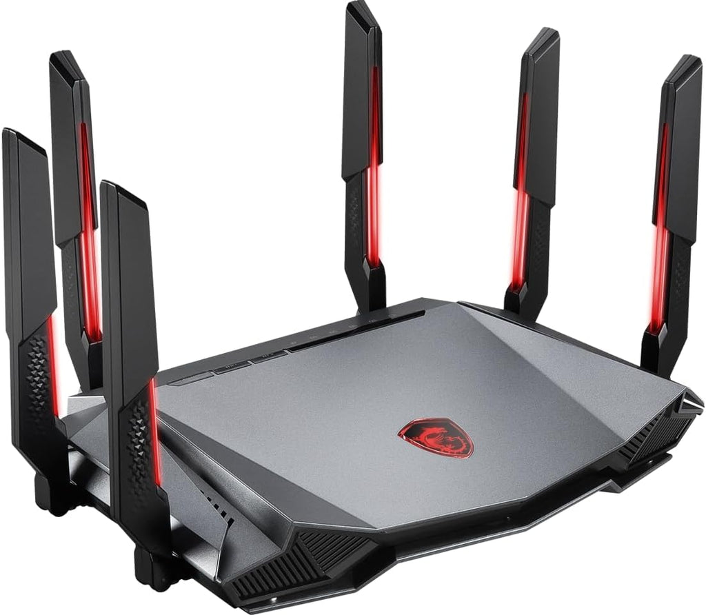 MSI Radix AXE6600 WiFi 6E Tri-Band Gaming Router, AI QoS, RGB, 1.8GHz Quad-Core Processor, MU-MIMO, Tri Band Gigabit Wireless, 8-Stream, High Speed Long Range Gaming Router