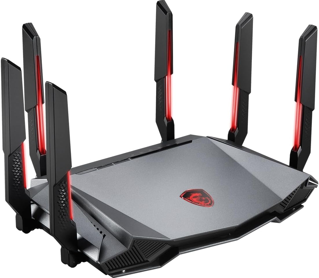 MSI Radix AXE6600 WiFi 6E Tri-Band Gaming Router, AI QoS, RGB, 1.8GHz Quad-Core Processor, MU-MIMO, Tri Band Gigabit Wireless, 8-Stream, High Speed Long Range Gaming Router