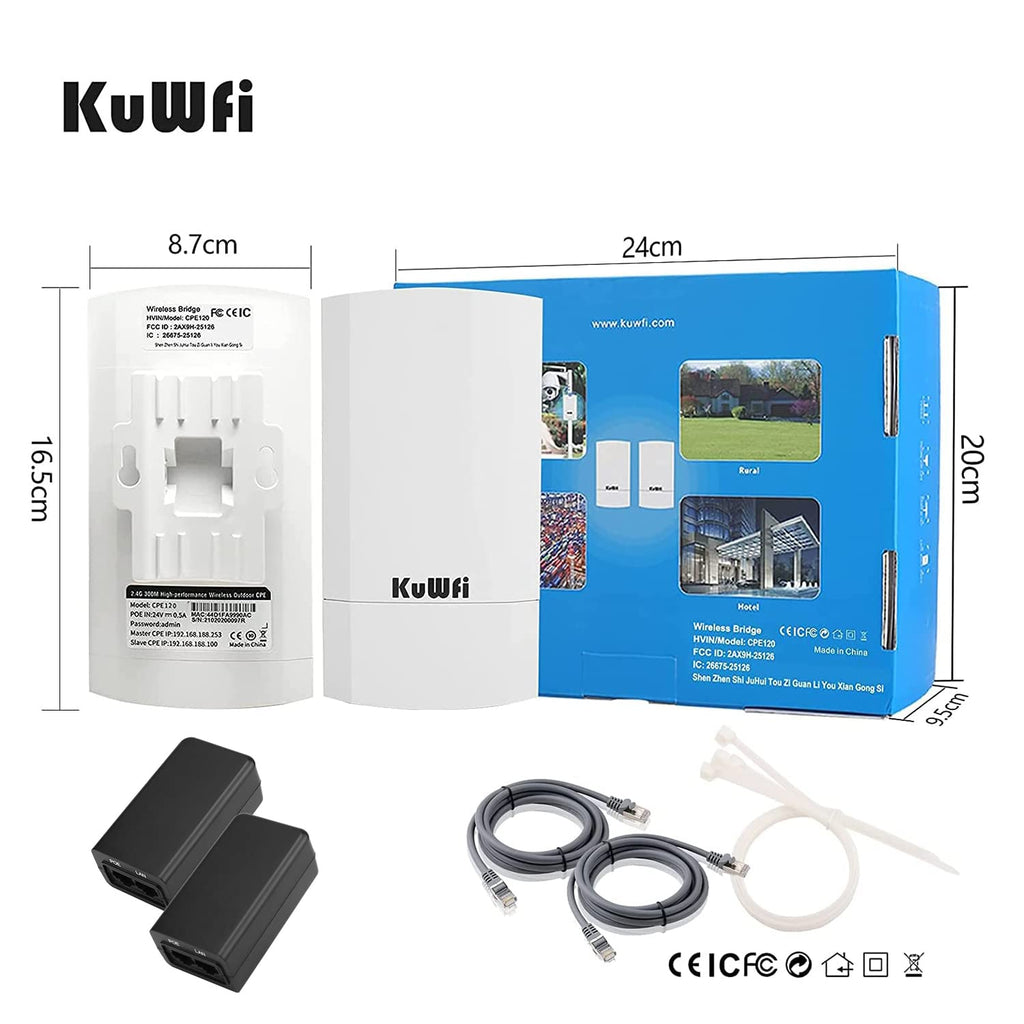 Outdoor Wireless Bridge, KuWFi 5.8G 3KM Transmission WiFi Point to Point Wireless Ethernet Bridge Router, with 3 RJ45 LAN Ports, Pre-Program, 48V PoE, 2-Packs