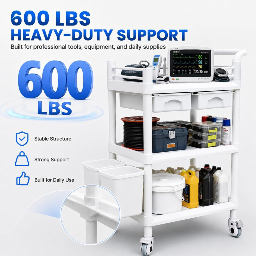 18 x 25 x 40 in Mobile Medical Cart, 3 Tier Professional Utility Cart, 600 LBS ABS Rolling Crash Cart, 2 Drawers, Dirt Bucket, Sharps Box, Storage Basket, 360Â° Wheels for Hospital Dental Clinic