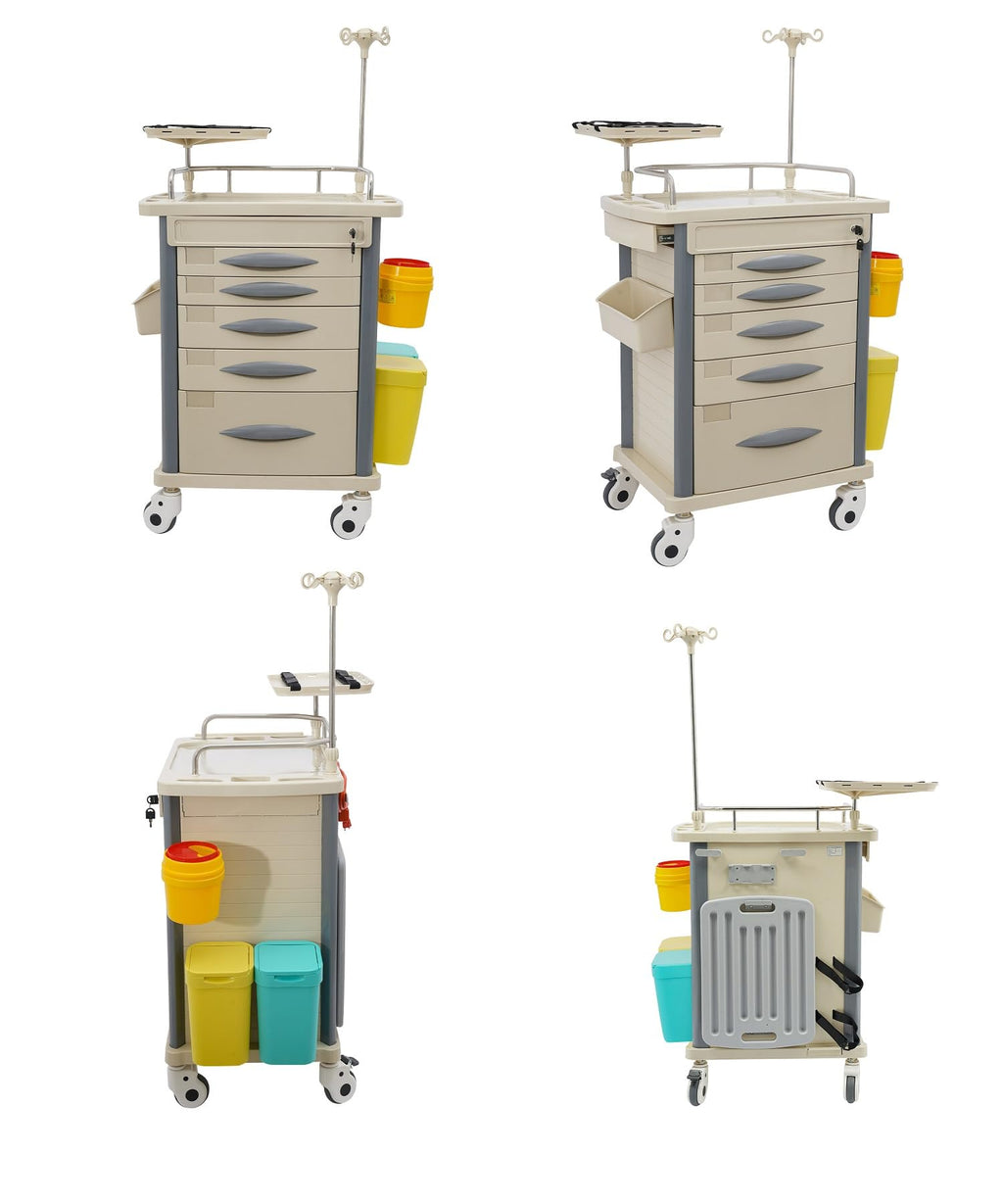 Medical Rolling Crash Cart, Medical Trolley 5 Drawers and Power Strip, Mobile Medical Cart for Clinic, Hospital, Nursing Center, Lockable Storage, Safety Retention Straps, Tag Slots (Blue)